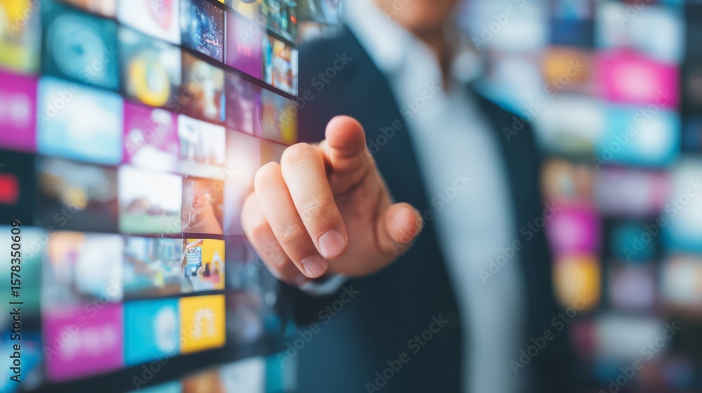 Poster a professional interacting with digital content on a touchscreen display.