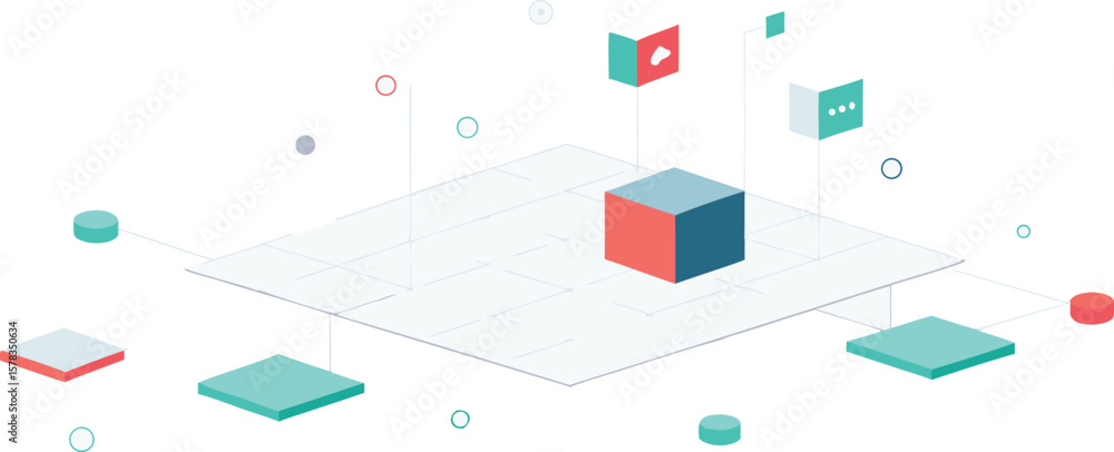 Poster vector art of an abstract isometric illustration of interconnected digital elements and data.
