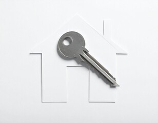 Metal key lying on paper cut-out of house shape, real estate or home concept, white background