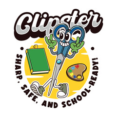 Cute scissor back to school in retro cartoon character illustration