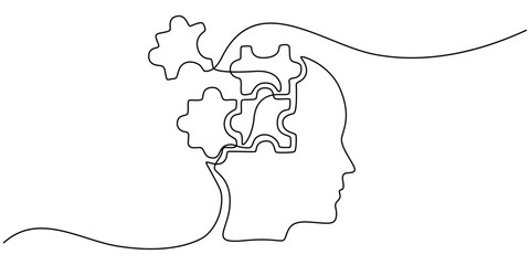 Head with puzzle pieces in one line drawing. Solving psychological challenges and finding balance, Alzheimer s day simple background, web banner, poster with brain and puzzle. One continuous line draw