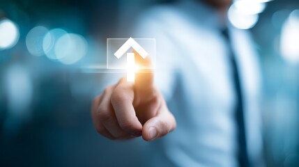 A professional touching a digital interface with an upward arrow, symbolizing growth.