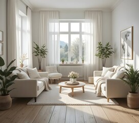 Fototapeta premium Scandinavian Living Room Design with Green Plants