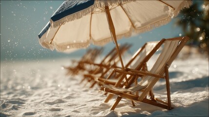 **Beach chairs under a umbrella on a white sand beach, light reflecting off the umbrella surface, detailed chair wood grain and sand particles visible