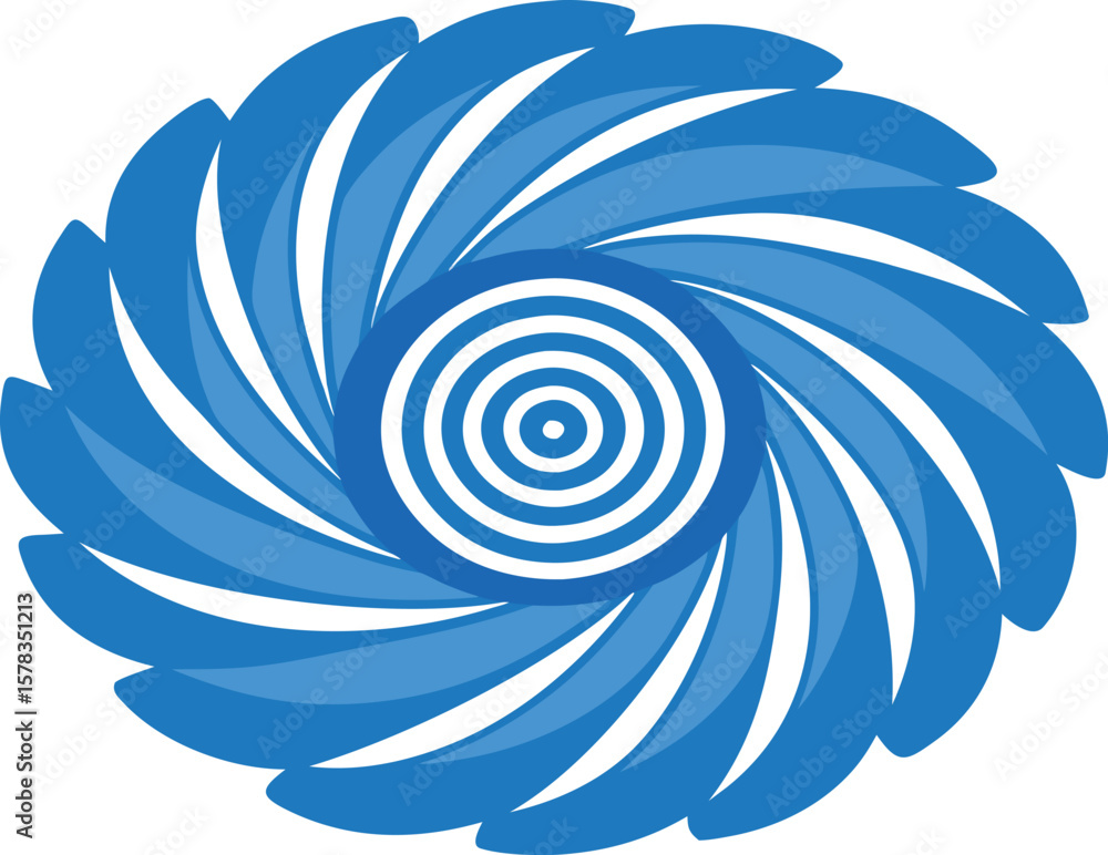 Poster vector art of a vibrant blue abstract spiral pattern with concentric circles at its center, isolated