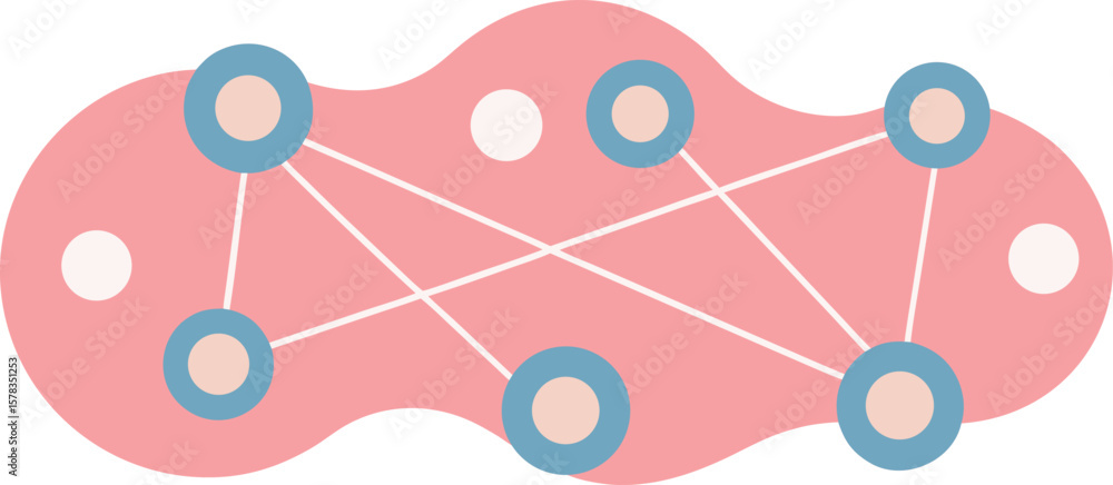 Poster vector art of abstract network of blue nodes connected by white lines on a pink blob.