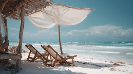 **Beach chairs under a umbrella on a white sand beach, rustic wooden loungers beneath a weathered canopy with driftwood accents on the sand