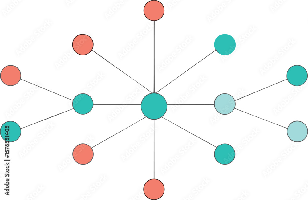 Poster vector art of a central teal node connects to multiple radiating teal and coral nodes in a starburst
