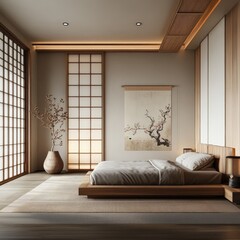 Serene minimalist bedroom with shoji screens, wooden flooring, and subtle Japanese aesthetics