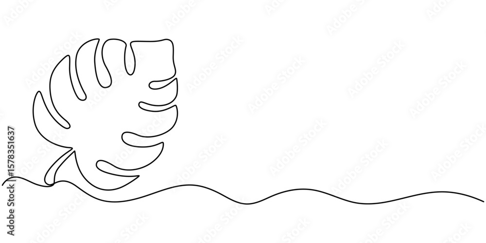 Poster monstera leaf continuous one line drawing and leaf icon isolated flat vector illustration, monstera 