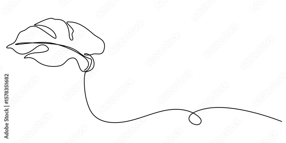 Poster monstera leaf continuous one line drawing and leaf icon isolated flat vector illustration, monstera 