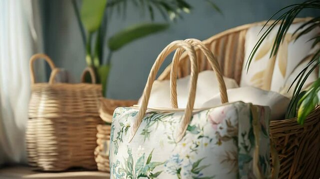 Floral bag resting on floor near wicker furniture in cozy room