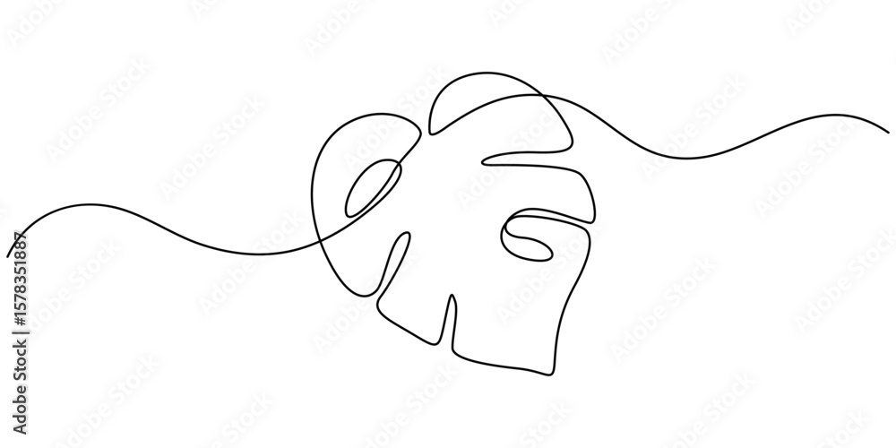 Poster monstera leaf continuous one line drawing and leaf icon isolated flat vector illustration, monstera 