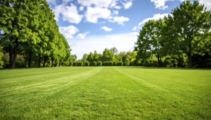 Green lawn with trimmed grass and trees under blue sky with clouds on sunny day