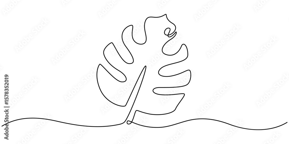 Poster monstera leaf continuous one line drawing and leaf icon isolated flat vector illustration, monstera 