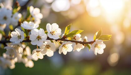 Fototapeta premium Beautiful white cherry blossom flowers on branch with green leaves in sunlight