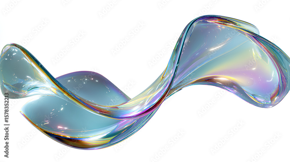 Poster 3d abstract liquid glass transparent clear ribbon wave line render. chromatic fluid flow curve shape