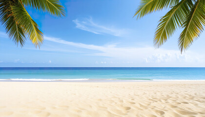Tropical beach with palm leaves, clear blue sea, and bright sky creating peaceful scene