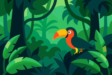 Dense Jungle With Toucan And Vines