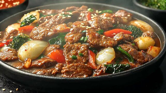 Delicious beef stir fry with vegetables and sesame seeds sizzling in a pan close up view
