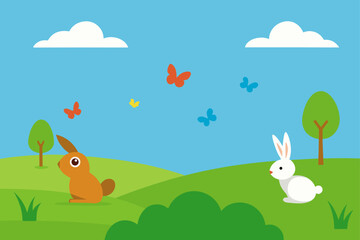 Grassy Meadow with Rabbits and Birds