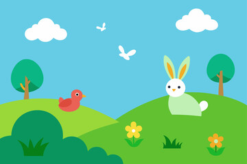 Grassy Meadow with Rabbits and Birds