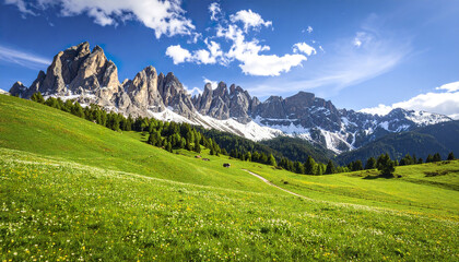 Obraz premium Beautiful green meadow with wildflowers and snow capped mountain peaks under bright blue sky