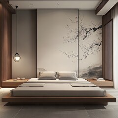 Serene minimalist bedroom with platform bed, Asian-inspired wall art, and soft lighting
