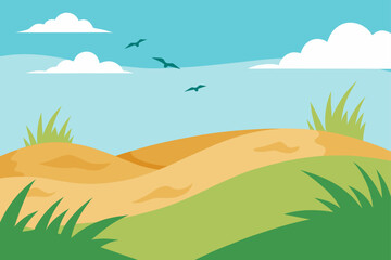 nature scene with grassy dunes and seagulls
