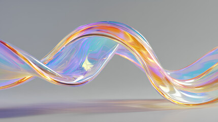 3d abstract liquid glass transparent clear ribbon wave line render. Chromatic fluid flow curve shape with holographic gradient texture, dispersion light. Flying glossy design element Stock Illustratio