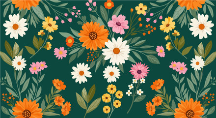 Vibrant Floral Pattern Background with Daisies and Foliage