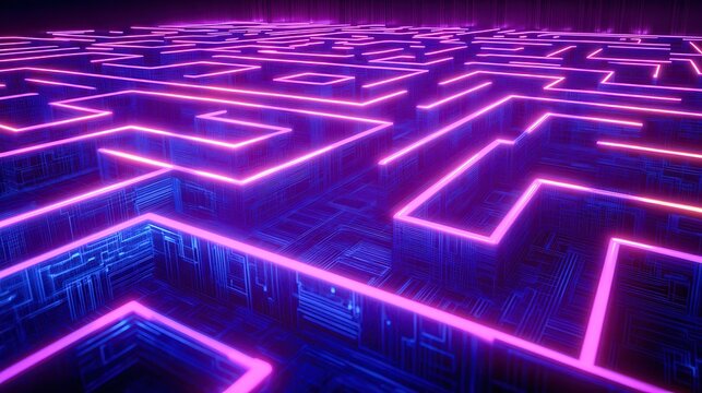 hyperreal microchip labyrinth with neon light pathways