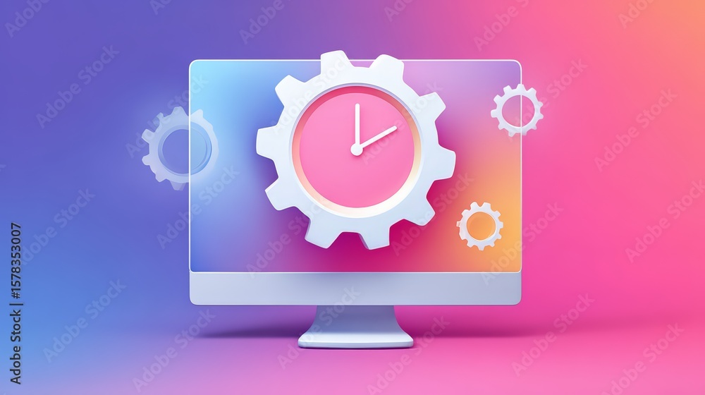 Poster colorful digital clock with gears on computer screen representing time management.