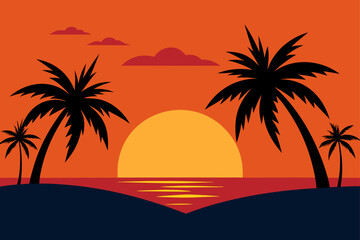 sunset beach with silhouette of palm trees