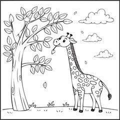 A friendly cartoon giraffe eating leaves from a tree in a savanna scene. Simple animal coloring page for children.