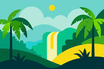 tropical scene with banana trees and waterfall