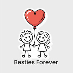 Two Cartoon Children Holding Red Heart Balloon Best Friends Forever friendship day vibes