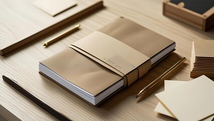 A tan notebook with a paper band lies on a wooden surface, accompanied by a pen, cards, and other stationery items.