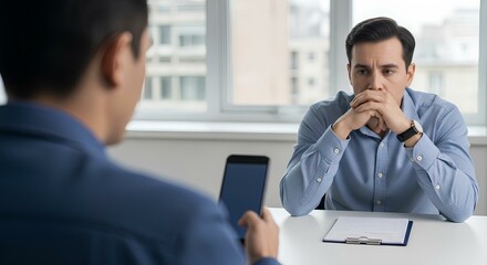 Businessman using smartphone during serious office meeting or interview