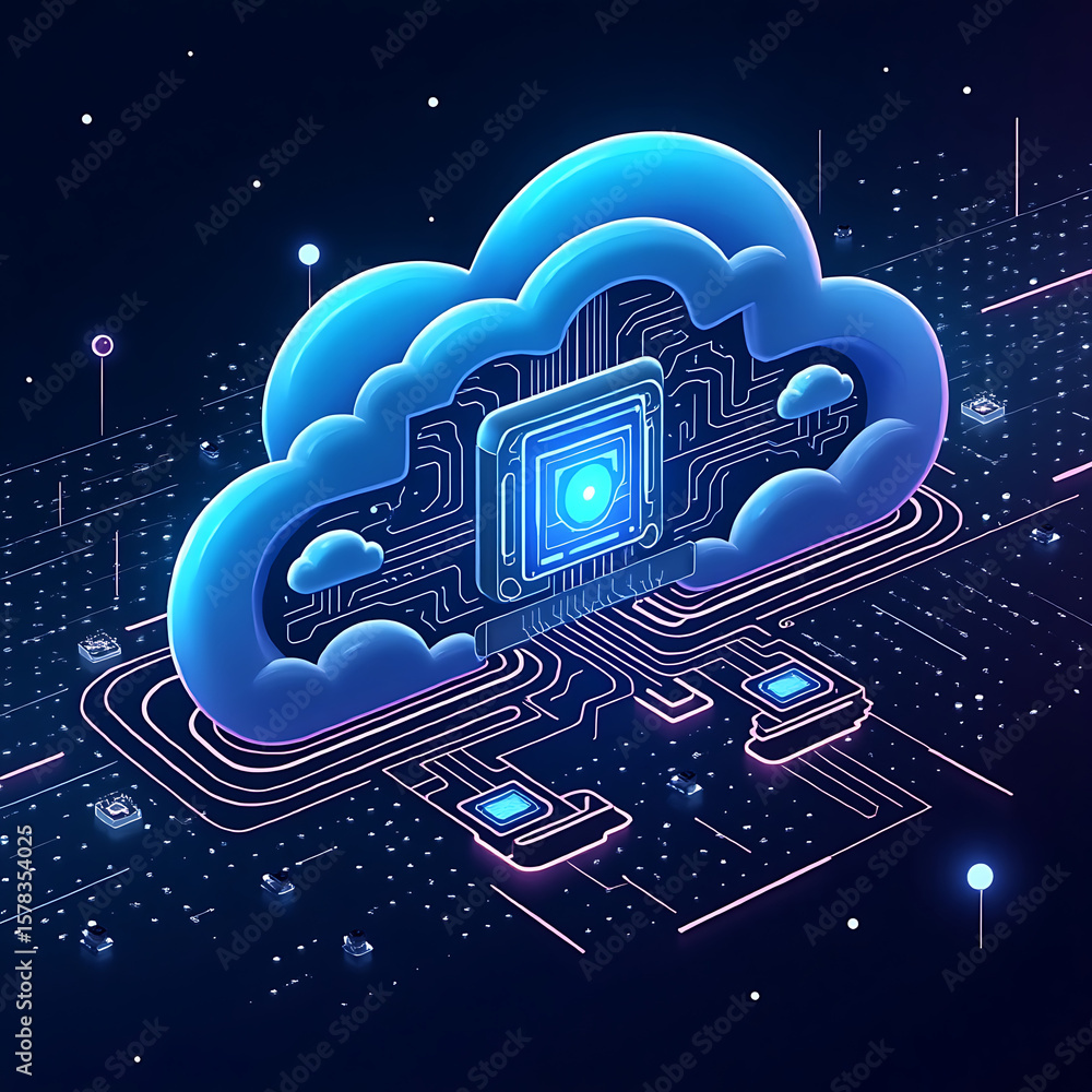 Poster cloud computing: a digital representation of a cloud, with a computer chip integrated, symbolizes th