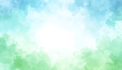 Soft blue green watercolor background with white cloudy center and abstract sky effect