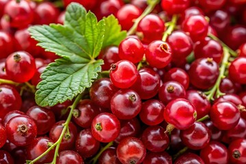 Bunch of red berries with green leaves on top