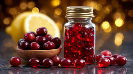 Bottle of cranberry dietary supplements alongside fresh fruit in a glowing background