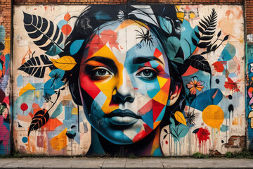 Vibrant geometric street art mural:  Close-up of a woman's face, bold colors, floral elements, contemporary style, urban backdrop.