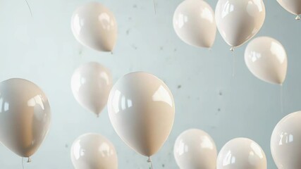 White balloons floating with falling confetti on light blue background - Powered by Adobe