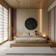 Serene minimalist bedroom with wooden platform bed, shoji screen, and subtle lighting