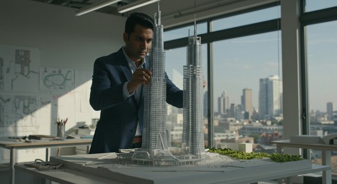 Architect examining skyscraper model