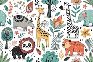 Wall murals Colorful drawing of animals in a jungle