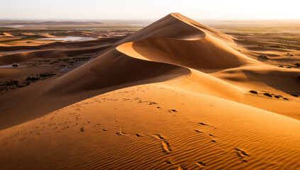 A sand dune in the middle of a desert at sunset.