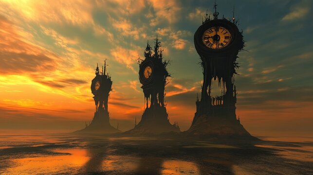 melting desert clock towers at sunset